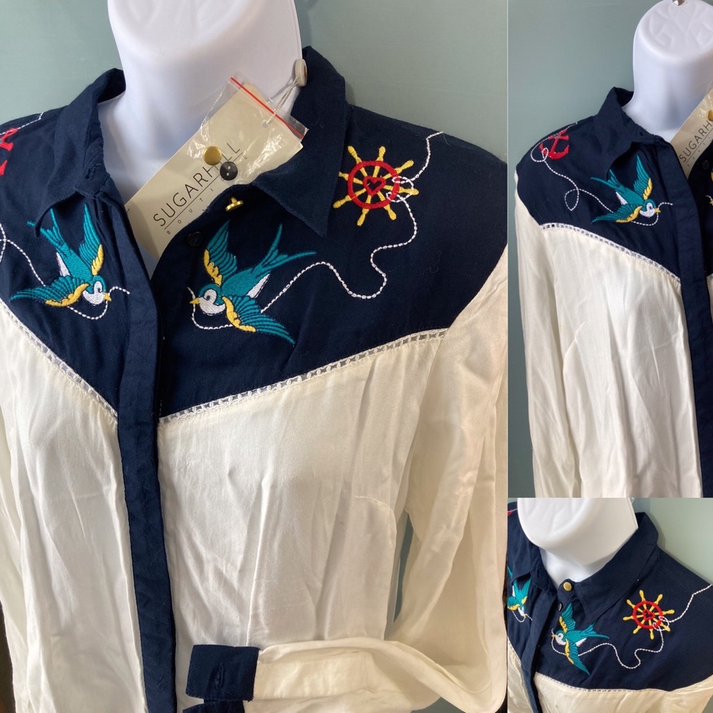 NEW Sugarhill cowboy/cowgirl style collared shirt w/ embroidered swallow details